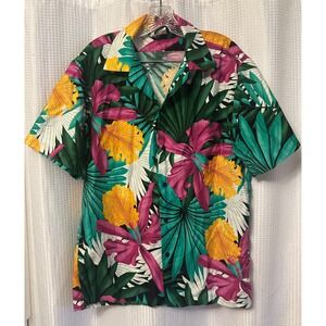 VTG Hilo Hattie Mens Hawaiian Shirt Size Large Hibiscus Purple Yellow Black